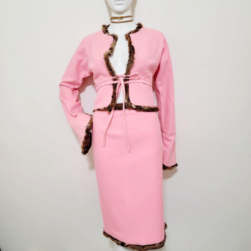 Fendi Fall 1999 Runway Pink Fur Trim Jacket And Skirt Set Sz 38/XS/SM